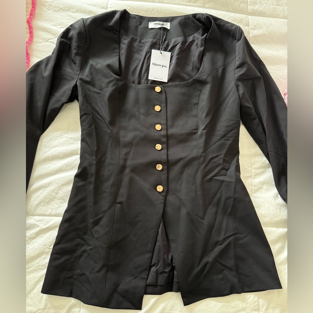Showpo Black Gold-Button Fitted Blazer Top With Matching Skirt